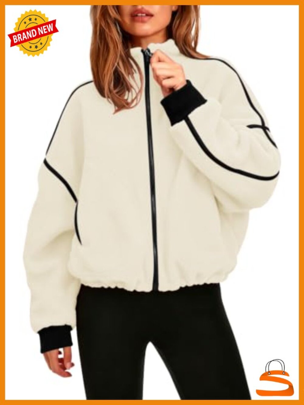 Fleece Jacket Cropped Full Zip Sherpa Stand Collar Pockets